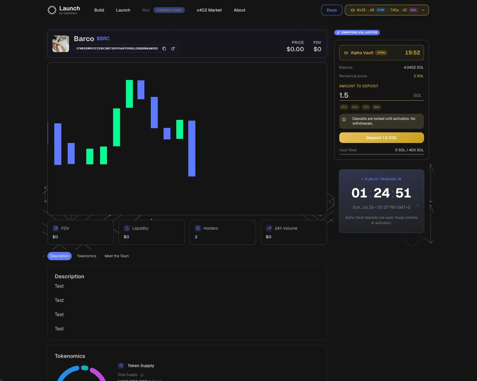 The Alpha Vault deposit panel on a Solana launch, with deposit quota, vault fill progress, and a public-trading countdown