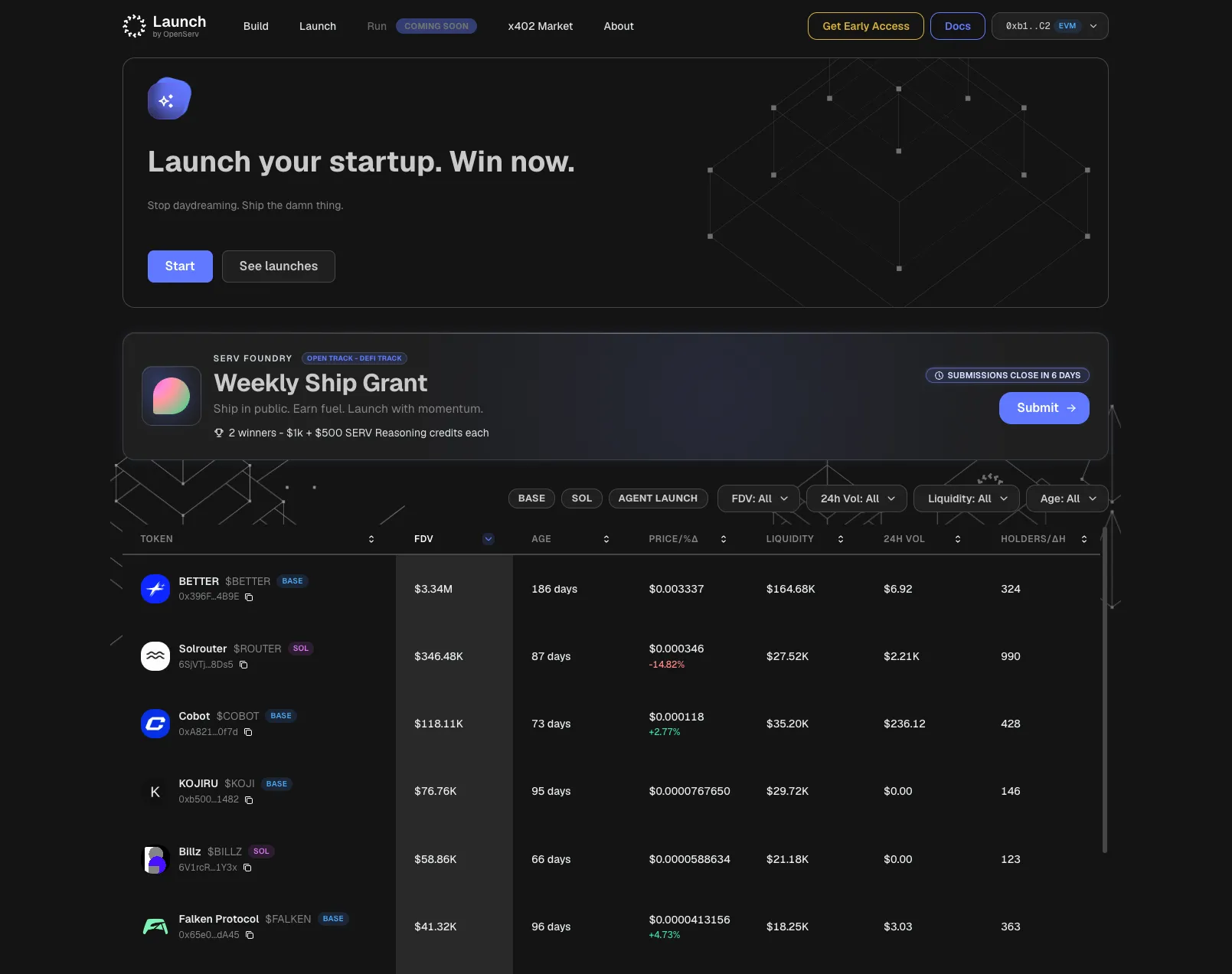 The Launchpad homepage, with a table of launched tokens across Base and Solana showing FDV, price, liquidity, and holders