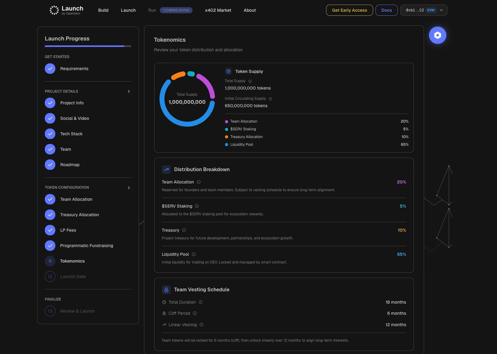The guided launch flow on the tokenomics step, with a token supply donut chart, distribution breakdown, and team vesting schedule