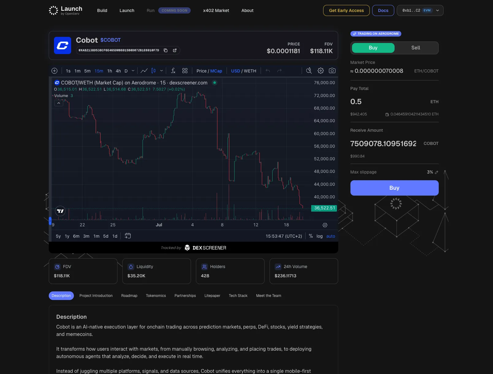 A live token page with a candlestick price chart, market stats, and an in-app buy/sell panel