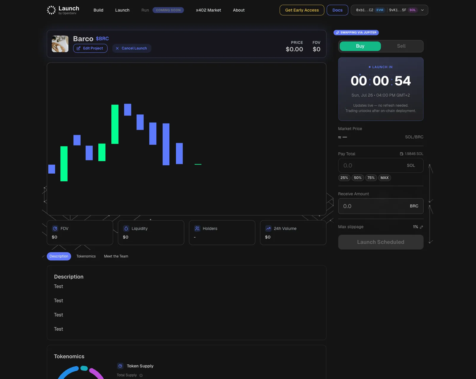 A pre-launch token page with a live countdown to the scheduled launch and a disabled swap panel