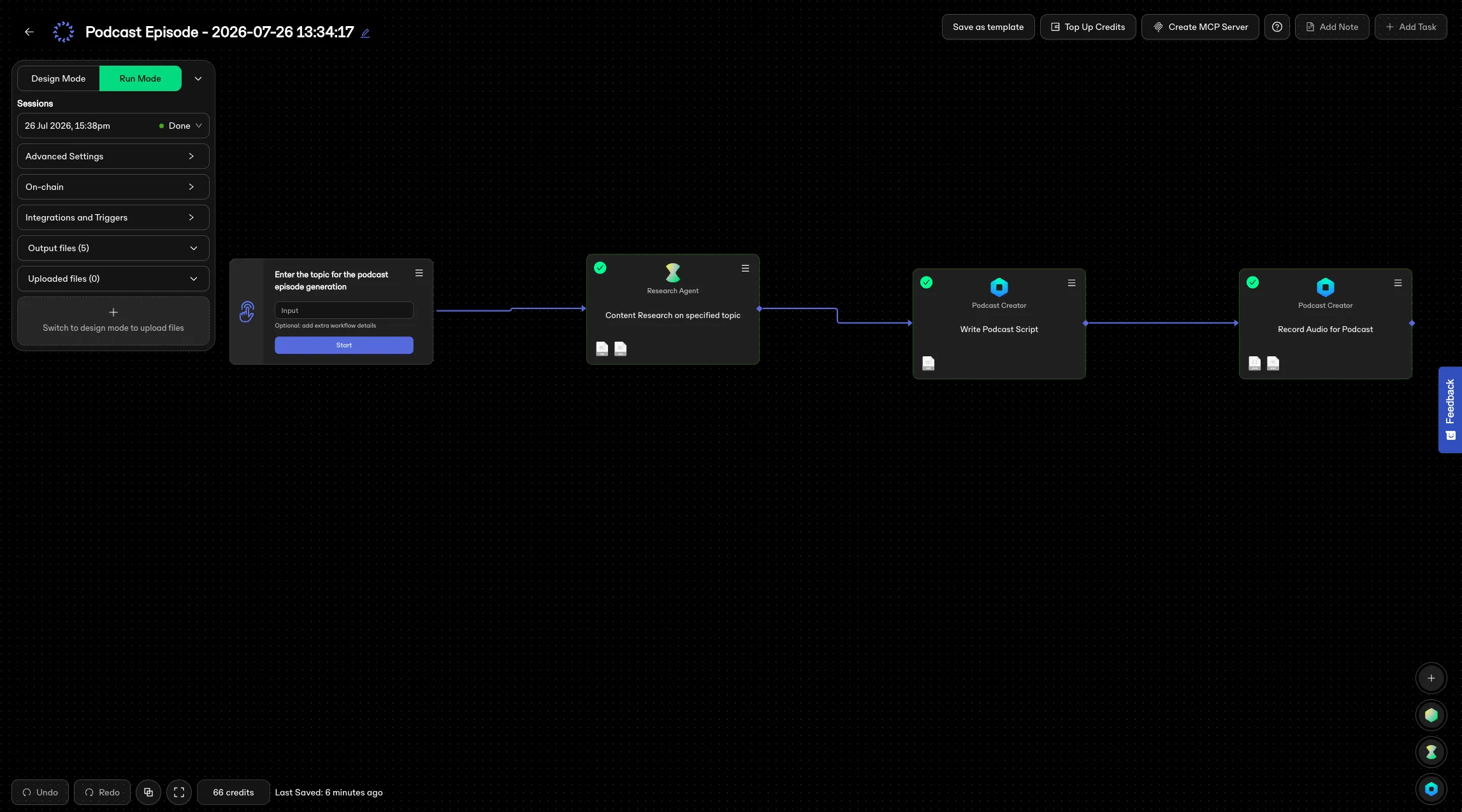 The visual workflow canvas in run mode, with agent nodes connected into a pipeline and live run status